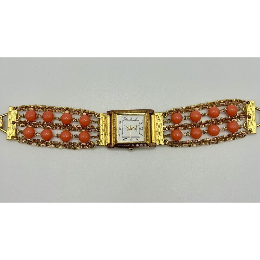 Vintage Kenneth J Lane KJL Gold Tone Watch W/Removable Faux Coral Beads Bracelet